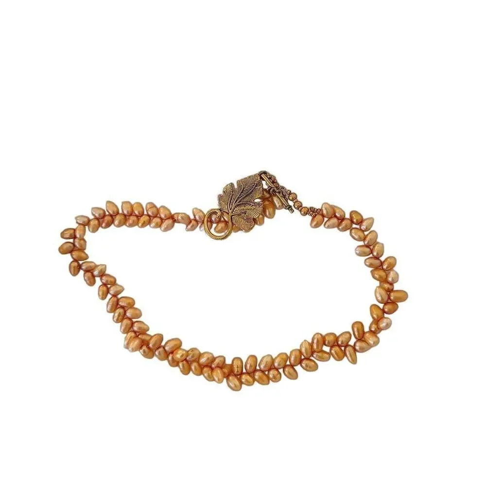 Womens Soft Golden Orange Gold Leaf Closure Double Layer Seed Pearl Necklace